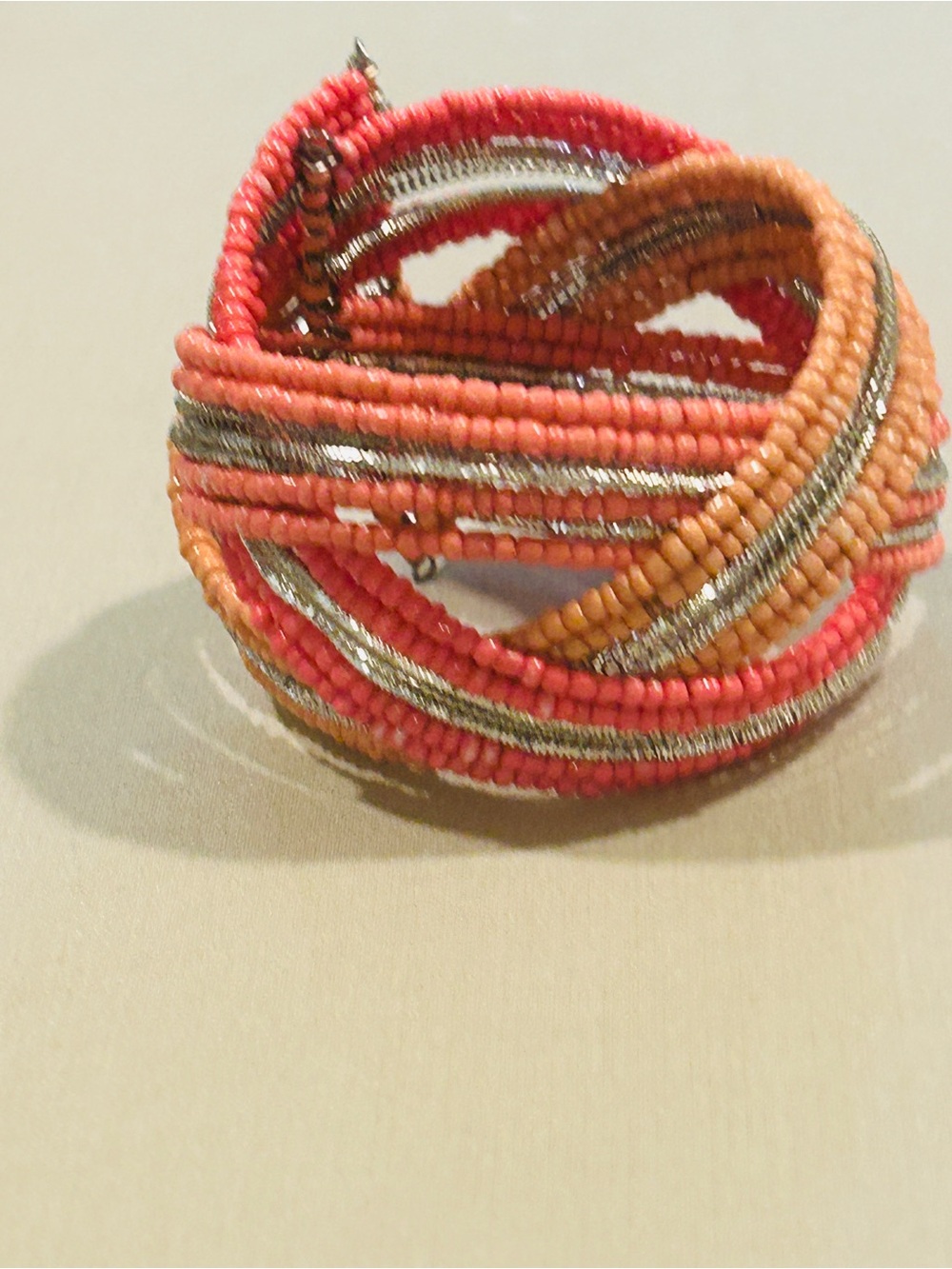 Beaded Multi-Strand Coral and Orange Bracelet with Silver Accent